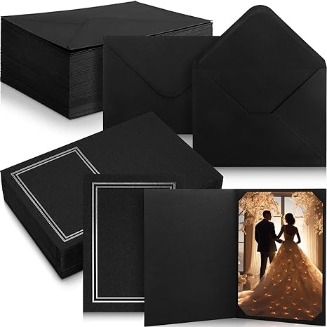 Photo 1 of Zhanmai 100 Sets Photo Folders with Self Adhesive Envelope for 5 x 7 Pictures Greeting Cards Heavyweight Cardboard Picture Photo Frame Note Cards for Wedding Christmas (Black with Silver Lining) 