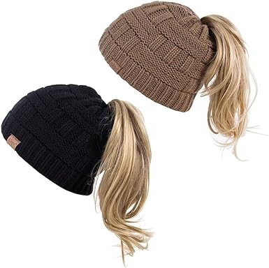 Photo 1 of Alepo Womens High Messy Bun Beanie Hat with Ponytail Hole, Winter Warm Trendy Knit Ski Skull Cap 