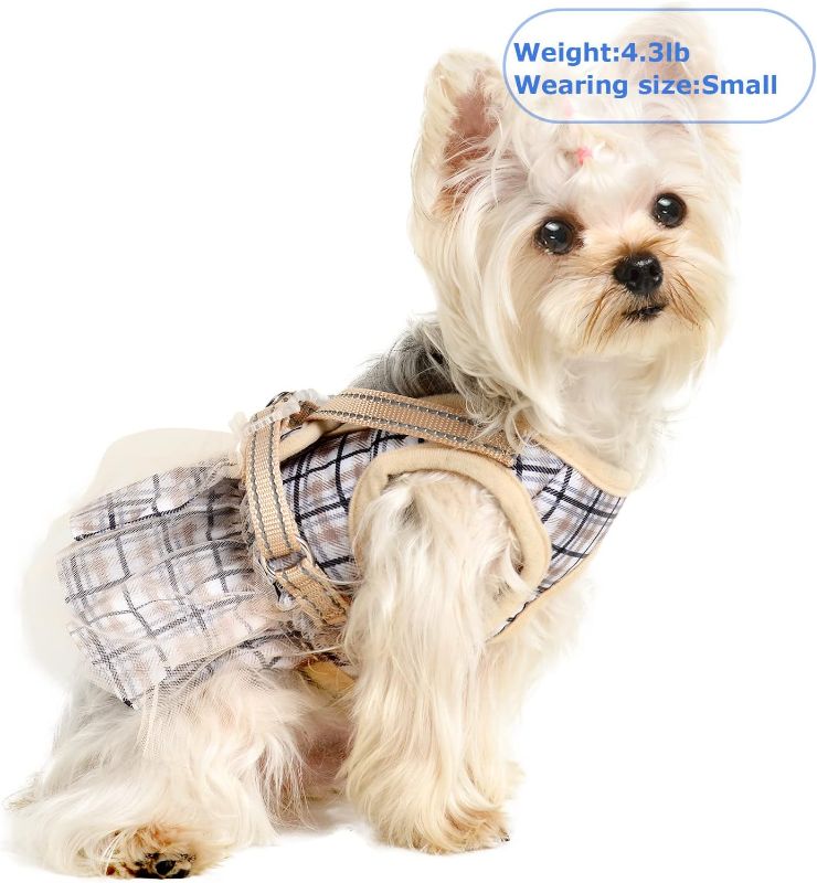 Photo 1 of (XX-Small) Dog Harness Dress, Plaid Dog Harness Dress with Leash Set, Summer Cute Pet Dog Clothes,Girl Puppy Dresses for Girl Small Dogs, Chihuahua Harness (Beige Harness, XX-Small)
