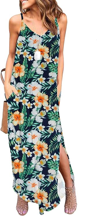 Photo 1 of [Size XXL] HUSKARY Women's Summer Casual Sleeveless V Neck Strappy Split Loose Dress Beach Cover Up Long Cami Maxi Dresses with Pocket