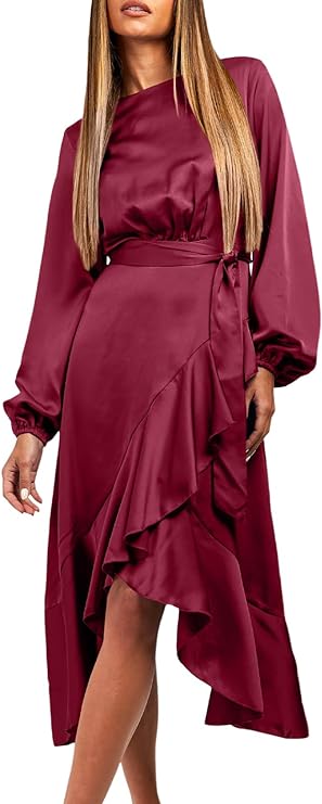 Photo 1 of [Size M] BLENCOT Women's Satin Ruffle Hem Split Midi Dress Long Sleeve Wrap Front Tie Knot Formal Party Long Evening Dress