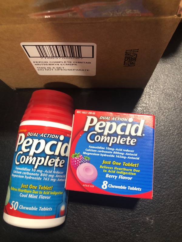 Photo 2 of Pepcid Complete Acid Reducer + Antacid Chewables, 10 mg Famotidine, 800 mg Calcium Carbonate & 165 mg Magnesium Hydroxide per Tablet, Fast Heartburn Relief, 50 ct Mint & 8 ct Berry Berry + Mint 8 Count + 50 Count
BB 11/2023