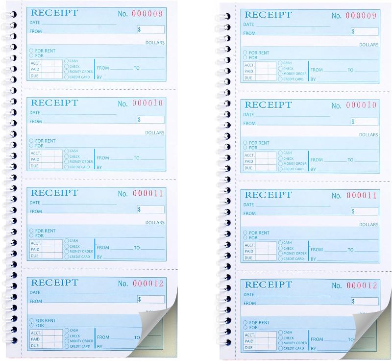 Photo 1 of 2 Packs Receipt Book with Carbon Copies,Money and Rent Receipt Book,2-Part Carbonless,5.31" x 11.22",Spiral Bound,Yellow and Blue Copy,200 Sets per Book