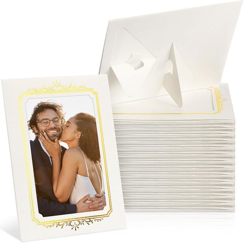 Photo 1 of Tatuo 150 Pcs Gold Foiled Standing Paper Picture Frames 5 x 7 Inch Cardboard Photo Frame with Easel Textured Paper Photo Frame Cards Gallery Frames Bulk For Wedding Mother's Day DIY (White)