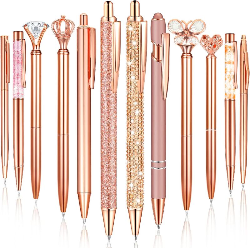 Photo 1 of 12 Pcs Diamond Pens Metal Liquid Sand Glitter Cute Ballpoint Pen Set Girly Crystal Pen Women Ballpoint Pen Black Ink Ball Point Pen Gift for Women Office Supplies School Wedding Party Desk (Rose Gold)
