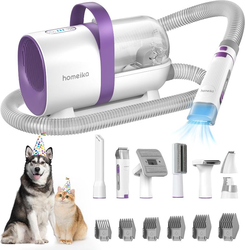 Photo 1 of Homeika Dog Grooming Kit & Vacuum, 1.5L Pet Grooming Vacuum 99% Pet Hair Suction, 8 Pet Grooming Tools, 6 Nozzles, Quiet Pet Vacuum Groomer with Nail Grinder, Paw Trimmer for Shedding Dogs, Cats - DAMAGE = NEEDS TO BE CLEANED 