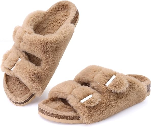 Photo 1 of  Fuzzy Slippers Women with Cork Footbed Fluffy Slide Sandals Open Toe Indoor House Shoes | Arch Support | Adjustable Buckles