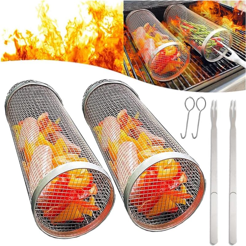 Photo 1 of 2Pack Grill Basket, Rolling Grilling Basket Stainless Steel BBQ Grill Basket For Grilling Grill Grate Wire Mesh Cylinder Round Grill Rack for Vegetables, French Fries, Versatile (S (7.9 inch), 2Pack)
