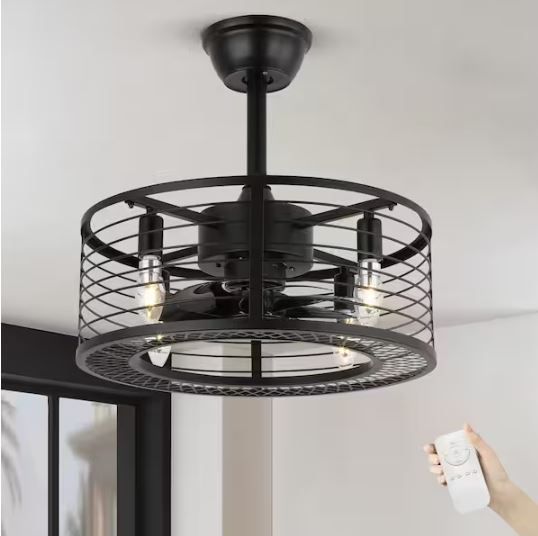 Photo 1 of 17 in. Indoor Black Ceiling Fan Caged Ceiling Fan with Lights and Remote Industrial Enclosed Ceiling Fan
