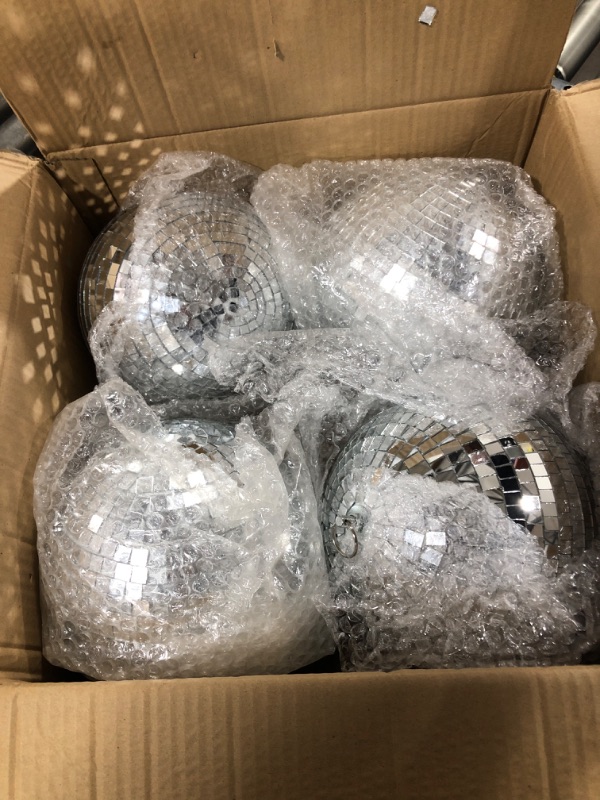 Photo 2 of 4 Pack Large Disco Ball Silver Hanging Disco Balls Reflective Mirror Ball Ornament for Party Holiday Wedding Dance and Music Festivals Decor Club Stage Props DJ Decoration (8 Inch)