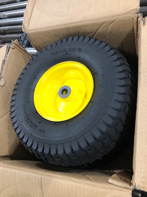 Photo 2 of (2 Pack) AR-PRO Exact Replacement 15" x 6.00 - 6" Front Tire and Wheel Assemblies for John Deere Riding Mowers - Compatible with John Deere 100 and D100 Series - 3” Hub Offset and 3/4” Bushings 15" x 6.00-6" Yellow