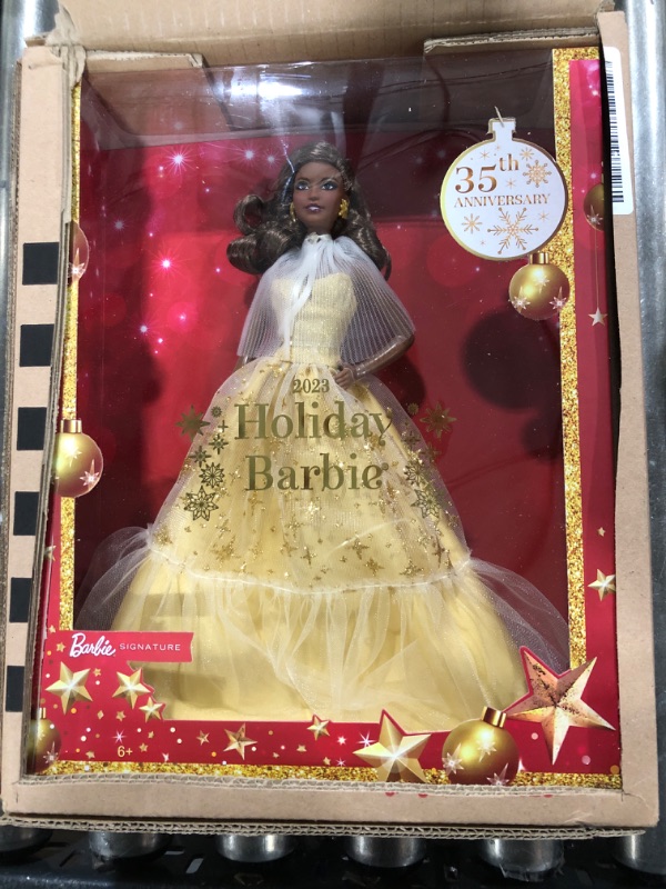 Photo 2 of Barbie 2023 Holiday Barbie Doll, Seasonal Collector Gift, Barbie Signature, Golden Gown and Displayable Packaging, Light Brown Hair