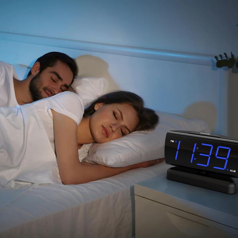 Photo 3 of GING YHAU Home LED Digital Alarm Clock for Bedroom,Swivel Base,Outlet Powered, Simple Operation, Alarm, Snooze, Brightness Dimmer, Big Blue Digit Display (Blue)