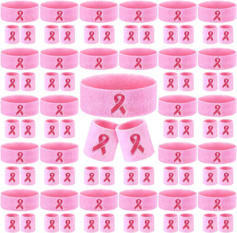 Photo 1 of 90 Pcs Breast Cancer Awareness Sweatbands Kit. Include 30 Pcs Sport Ribbon Headband and 60 Pcs Polyester Wristbands Women Pink Breast Cancer Survivor Gift for Fundraising Walk Event Sport Game Workout.