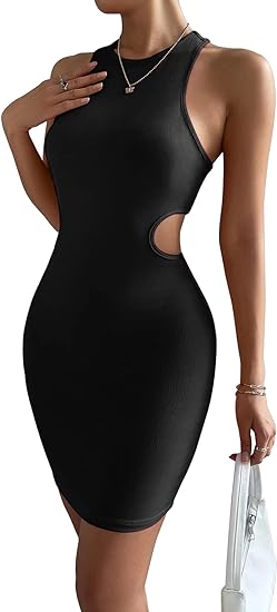Photo 1 of ZIWOCH Women's Summer Sleeveless Tank Dresses Crew Neck Short Bodycon Cut Out Stretchy Party Club Mini Dresses