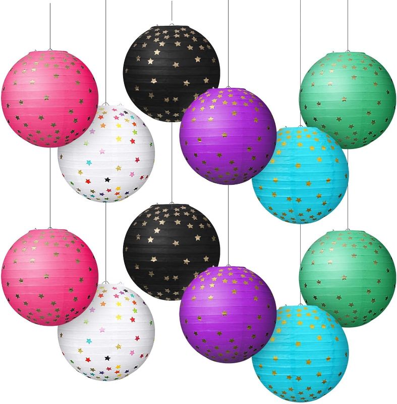 Photo 1 of 12 Pcs Hanging Paper Lanterns, 8 Inch Star Confetti Classroom Lanterns Paper Sprinkle Party Decorations Supplies Round Paper Lantern Lamps for Confetti Themed Party Birthday Baby Shower Decor