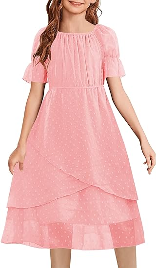 Photo 1 of HOSIKA Girls Summer Dress Swiss Dot Short Sleeve Boho Ruffle Flowy Casual Party Dresses for 6-12 Years