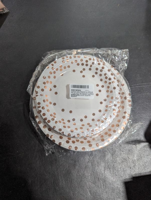 Photo 2 of 100 Pack Disposable Paper Plates White and Rose Gold Dots Paper Plates 50 x 9" and 50 x 7" Dinner Plates, Foil Polka Dots Paper Plates for Wedding Bridal Shower Engagement Birthday Parties Rose Gold & White 50 x 9" & 50 x 7"