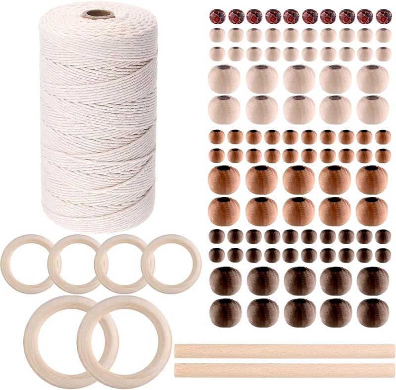 Photo 1 of 109 Yards 3Mm Natural Macrame Cord with 6piece Wood Ring 2piece Wooden Stick and 100 pcs Wood Beads for Crafts DIY Plant Hangers Macrame Wall Hanging Woven