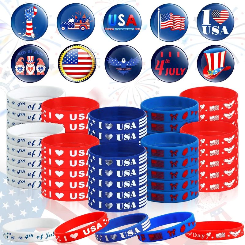 Photo 1 of 100 Pcs Patriotic Party Favors, Included 50 Pack American Flag Silicone Bracelet and 50 Pack Patriotic Buttons Badges Pins Independence Day Decorations for July Fourth Patriotic Veterans Memorial Day
