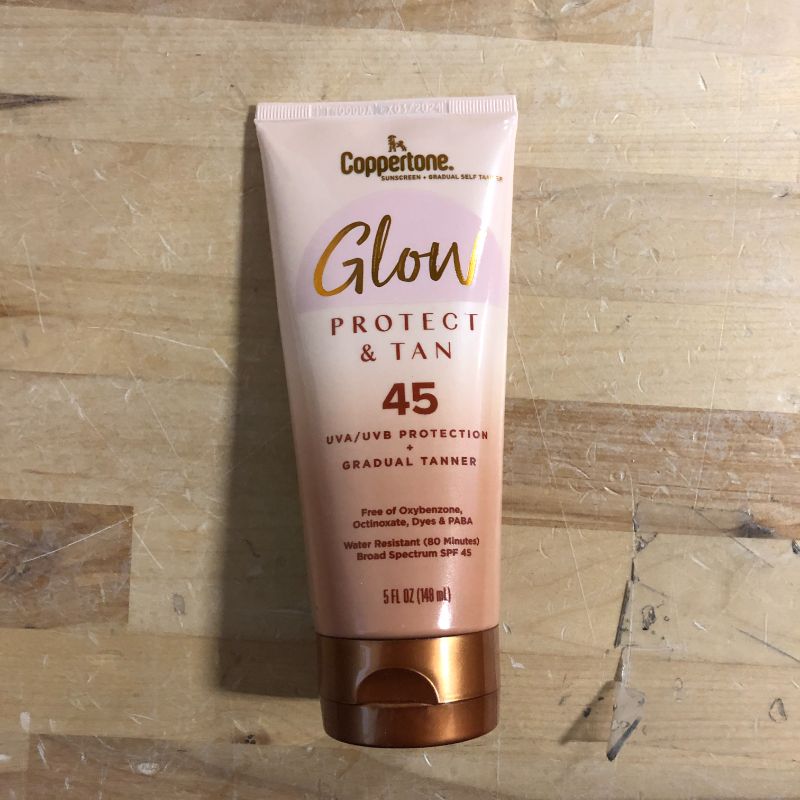 Photo 2 of Coppertone Glow Protect and Tan Sunscreen Lotion with Gradual Self Tanner SPF 45, Water Resistant, Broad Spectrum Sunscreen, 5 Fl Oz Tube