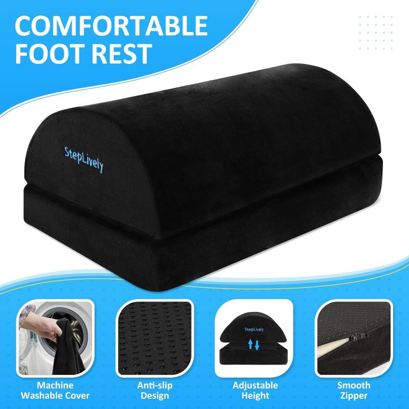 Photo 1 of  Foot Rest for Under Desk at Work, Comfortable Foot Stool with 2 Adjustable Heights, Footrest with Washable Cover, for Back & Hip Pain Relief, Suitable for Office, Home and Car (Black)