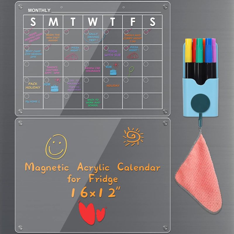 Photo 1 of Acrylic Magnetic Calendar for Fridge, 16”x12" Monthly Calendar & Blank Dry Erase Board for Refrigerator, Includes 6 Color Markers, 2 Black Cardstock, Pen Holder, Clean Cloth and Hooks 