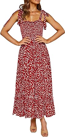 Photo 1 of  Women's Summer Straps Cotton Irregular Polka Dot Ruffles Midi Dress
