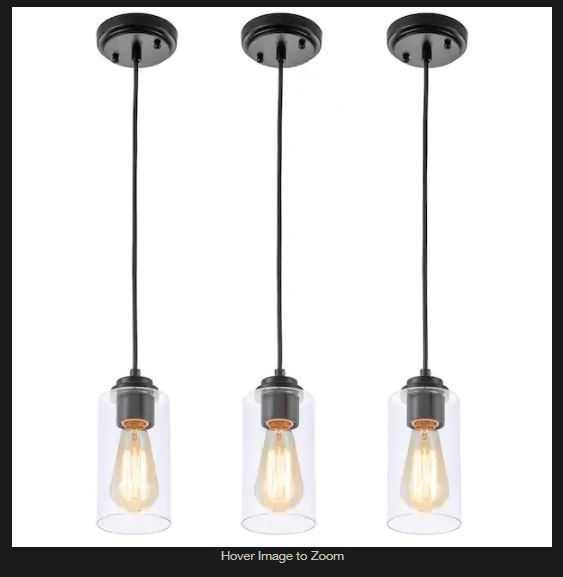 Photo 1 of 1-Light Black Island Pendant Light with Cylinder Clear Glass(3-Pack)
