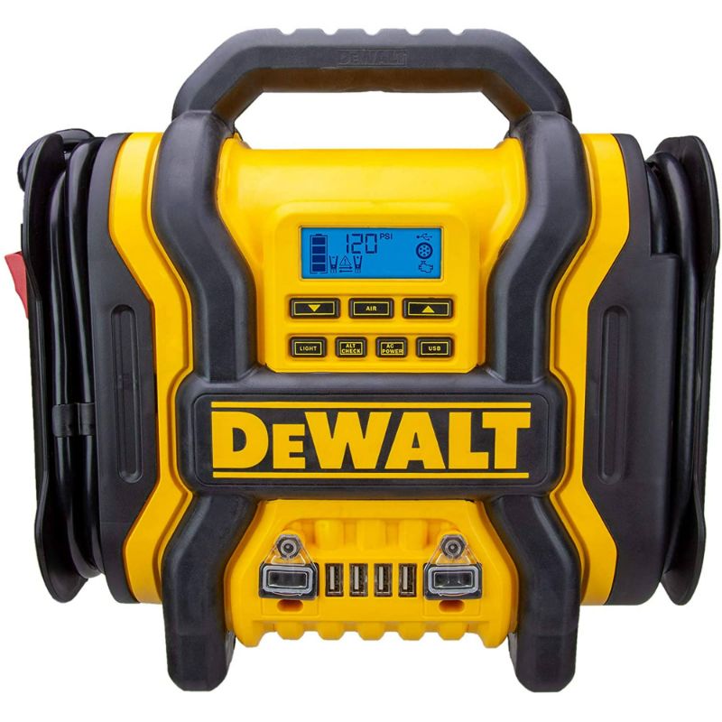 Photo 1 of DEWALT DXAEPS14 1600 Peak Battery Amp 12V Automotive Jump Starter/Power Station with 500 Watt AC Power Inverter, 120 PSI Digital Compressor, and USB Power , Yellow
