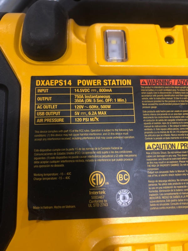 Photo 4 of DEWALT DXAEPS14 1600 Peak Battery Amp 12V Automotive Jump Starter/Power Station with 500 Watt AC Power Inverter, 120 PSI Digital Compressor, and USB Power , Yellow
