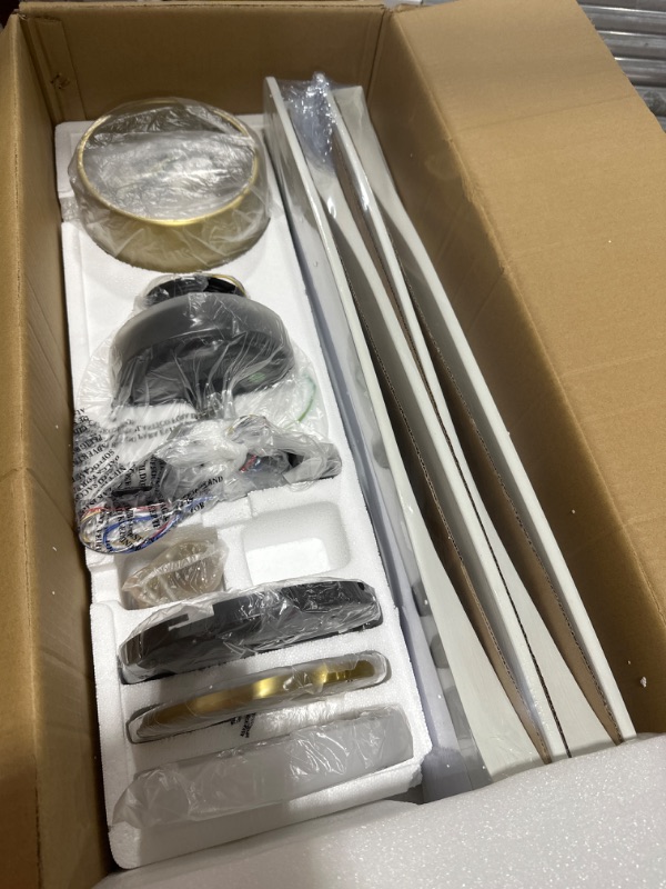 Photo 1 of WINGBO 60 Inch Flush Mount DC Ceiling Fan with Lights and Remote, 4 Reversible Carved Wood Blades, 6-Speed Noiseless DC Motor, Hugger Ceiling Fan in Brass Finish with White Blades, ETL Listed 60" ceiling fan with light White