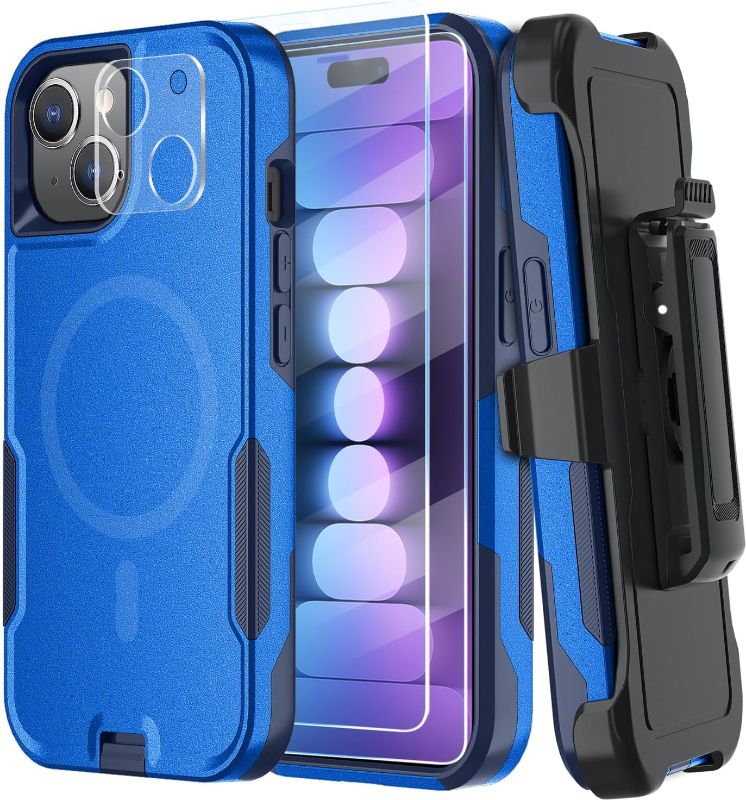 Photo 1 of CONWOE Stronger Magnetic Case for iPhone 15 case,10FT Military Grade Drop Protection,[2X Glass Screen Protector+1X Lens Protective][Belt-Clip],Slim Heavy Duty Shockproof Phone Case (DarkBlue) 