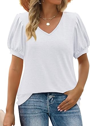 Photo 1 of Auremore Womens Summer Short Sleeve T Shirts V Neck Casual Puff Sleeve Tops for Women Solid Color Grey (Size: Small)