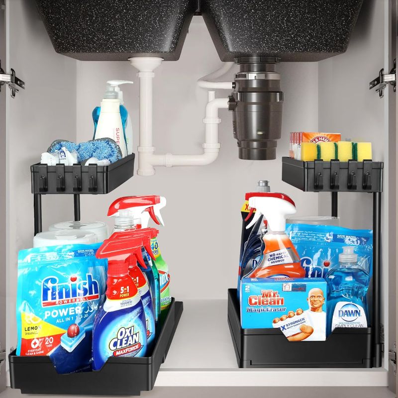 Photo 1 of 2 Pack Under Sink Organizer, IVMAIE 2 Tier Under Sink Storage with 4 Hooks, L-Shaped Sliding Under Cabinet Shelf with Stopper, Multi-purpose Plastic Undersink Organizers for Kitchen Bathroom, Black