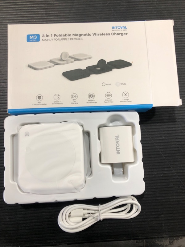 Photo 1 of Intoval Foldable Wireless Charger, Magnetic 3 in 1 Charging Station, Fast Wireless Charging for Travel, Compatible with iPhone 14/Pro/Max/Plus/13/12 Series, Apple Watches, AirPods 3/Pro 2(M3,White)