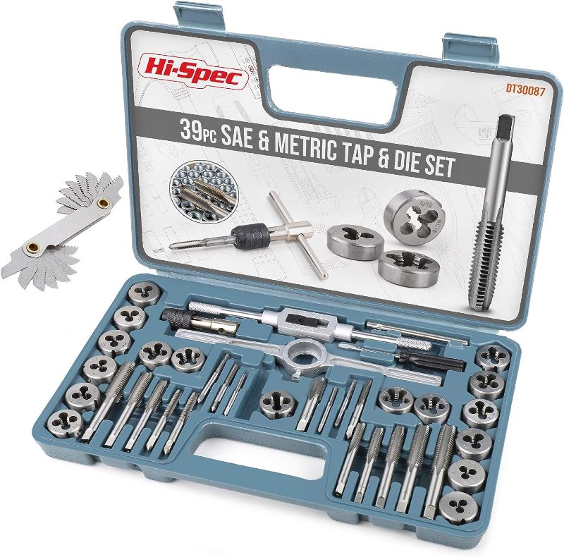 Photo 1 of Hi-Spec 39 Piece SAE & Metric Tap & Die Set. Complete M3 to M12 / #4 to 1/2in Fine & Coarse Tools to Cut, Chase and Thread with Screw Pitch Gauge in a Tray Case