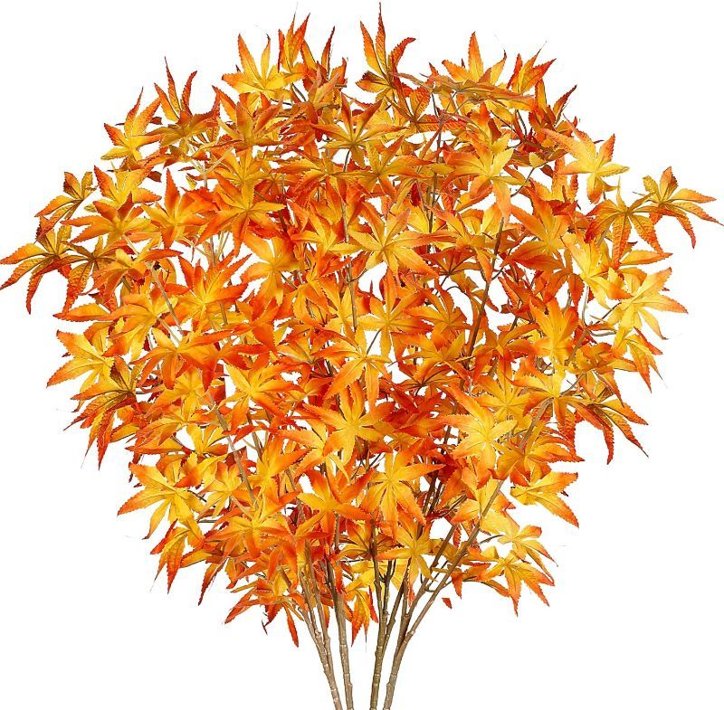 Photo 1 of 2 PACK  Sggvecsy 4Pcs Artificial Maple Leaves Branches Fake Fall Leaves Stems Maple Leaves Shrubs Autumn Leaf Bushes Faux Silk Foliage for Home Kitchen Thanksgiving Table Centerpieces Festival Decor (Orange) 