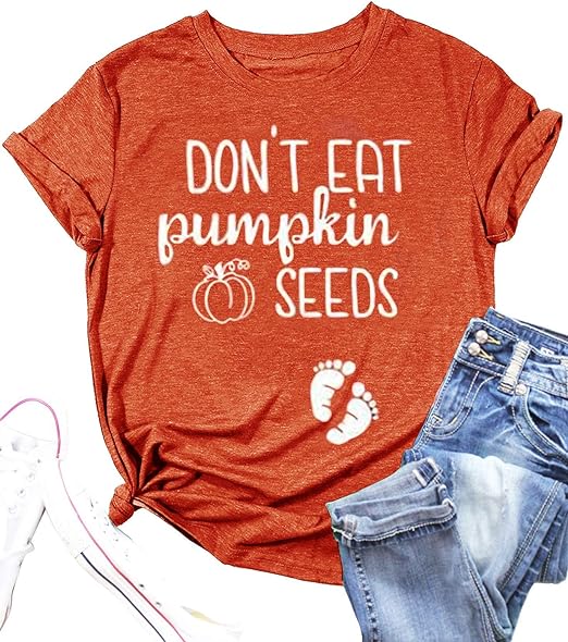 Photo 1 of [Size S] Halloween T Shirt Women Pumpkin Tee Shirts Funny Maternity Casual Graphic Letter Print Short Sleeve Tee Tops