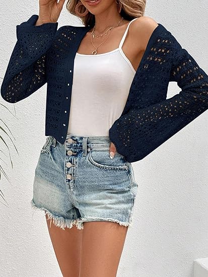 Photo 1 of [Size S] Labolliy Women V Neck Button Front Flounce Long Sleeve Hollow Out Knit Cardigan Crop Tops 