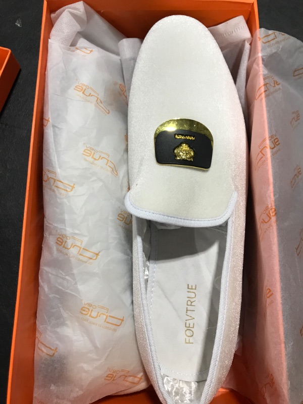 Photo 2 of [Size 13] FOEVTRUE Loafers Men Velvet Gold Copper Tiger Head Luxury Fashion Party Wedding Shoes Buckle White