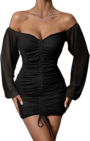 Photo 1 of [Size S] Yissang Women's Sexy Long Sleeve Deep V Neck Off Shoulder Ruched Bodycon Club Party Dress
