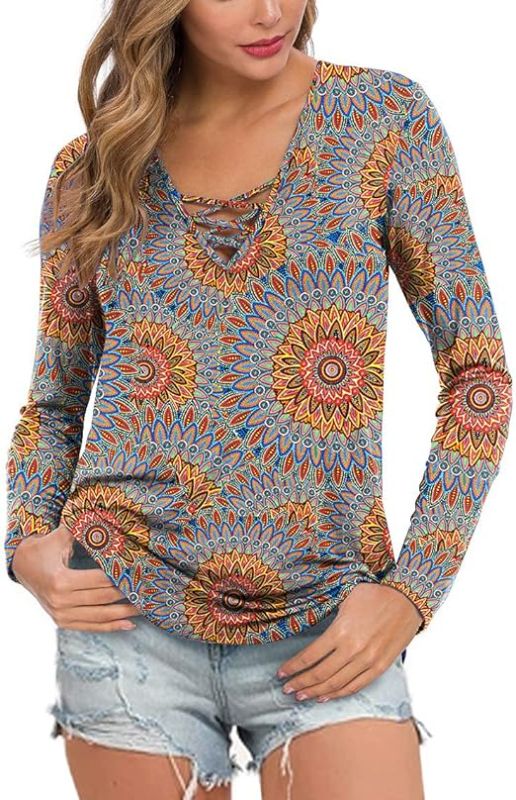 Photo 1 of [Size XL] Feiersi Womens Casual Long Sleeve Criss Cross Tunic Tops Loose Blouse Shirt
