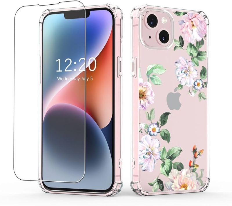 Photo 1 of Designed for iPhone 14 Case - Compatible with iPhone 13/14 with Screen Protector, Stylish Flower Clear Phone Case for Women, Shockproof Protective Soft TPU Bumper Cover 6.1", Pink Flower