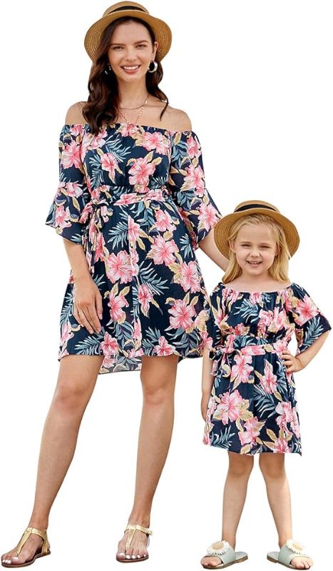 Photo 1 of [Size M] Mumetaz Mommy and Me Dresses Matching Outfits Summer Floral Print Off The Shoulder Ruffler Sleeve A Line Dress 