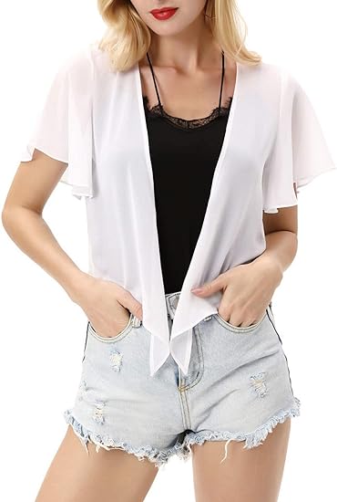 Photo 1 of [Size M] Kate Kasin Shrugs for Women Bolero Shrug Short Sleeve Sheer Chiffon Tie Front Cardigan- White