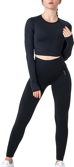Photo 1 of [Size S] FRESOUGHT Workout Sets for Women 2 Piece Seamless Longsleeve Crop Top and High Waist Leggings Yoga Outfit Activewear Athletic Matching Gym Clothes Black-S 