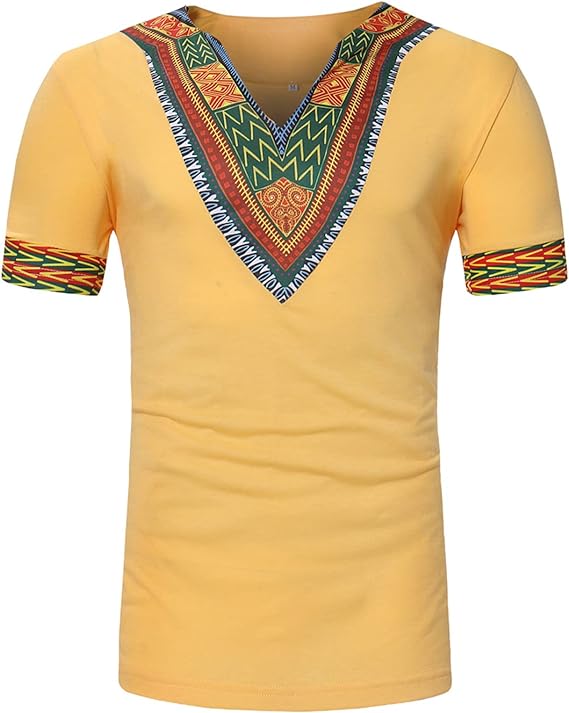 Photo 1 of [Size M] BEDJIMI Mens Dashiki Shirt African Short Sleeve T Shirt AfricanTribal Floral Print V Neck Slim Fit Shirts Top Tees