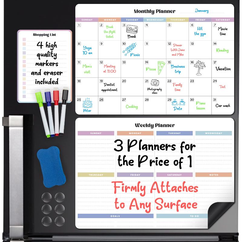 Photo 1 of Ornamic Dry Erase Calendar, Magnetic Calendar for Fridge 2023 - Kitchen White Board Calendar for Refrigerator, Reusable Monthly Weekly Planner - Fridge Calendar Whiteboard - w/Markers, Shopping List Pastel