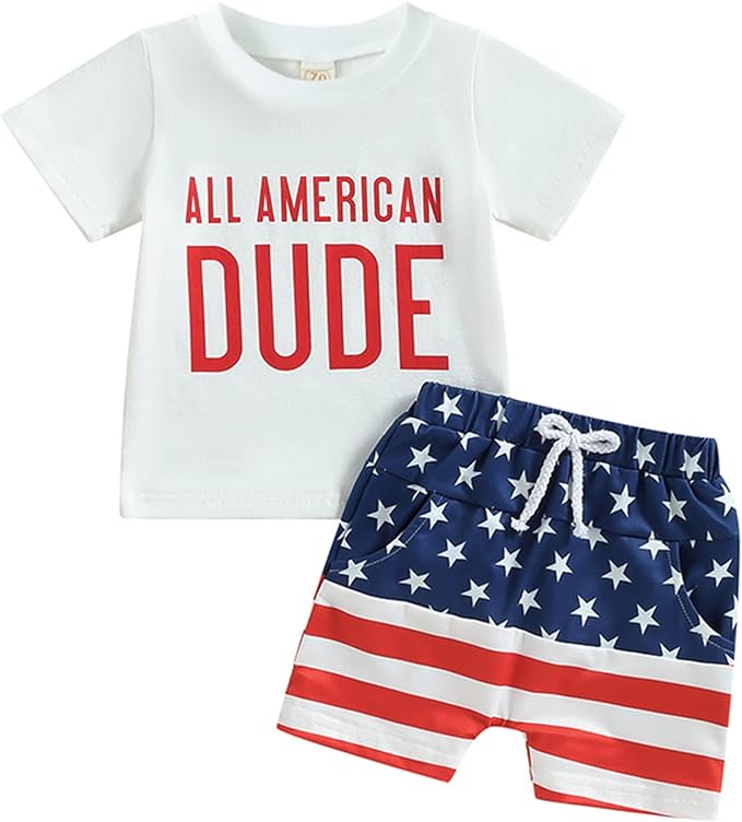 Photo 1 of 4th of July Baby Boy Outfit Crewneck Letter Print T Shirt Tops Elastic USA Flag Shorts Cute Toddler Summer Clothes
12-18 MONTHS